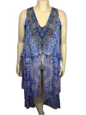 Camilla Silk Cape Tank Top Women's Size 2 Blue Beaded Resort Paisley V-Neck